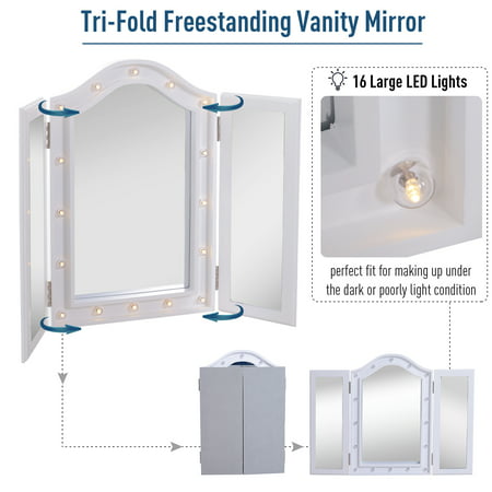 Trifold Freestanding Mirror Lighted, Large Tri Fold Bathroom Mirror
