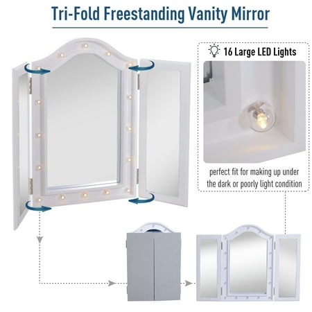 Trifold Freestanding Mirror Lighted Tabletop Vanity Large Cosmetic W Led Lights Foldable For Bedroom Table Set White Canada Trifold Freestanding Mirror Lighted, Large Tri Fold Bathroom Mirror