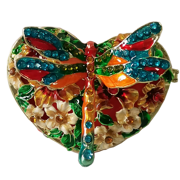 Crystal Dragonfly on Heart Shape Floral Trinket Box Jewelry Container Necklace Holder, Metal Figurines, Birthday Present