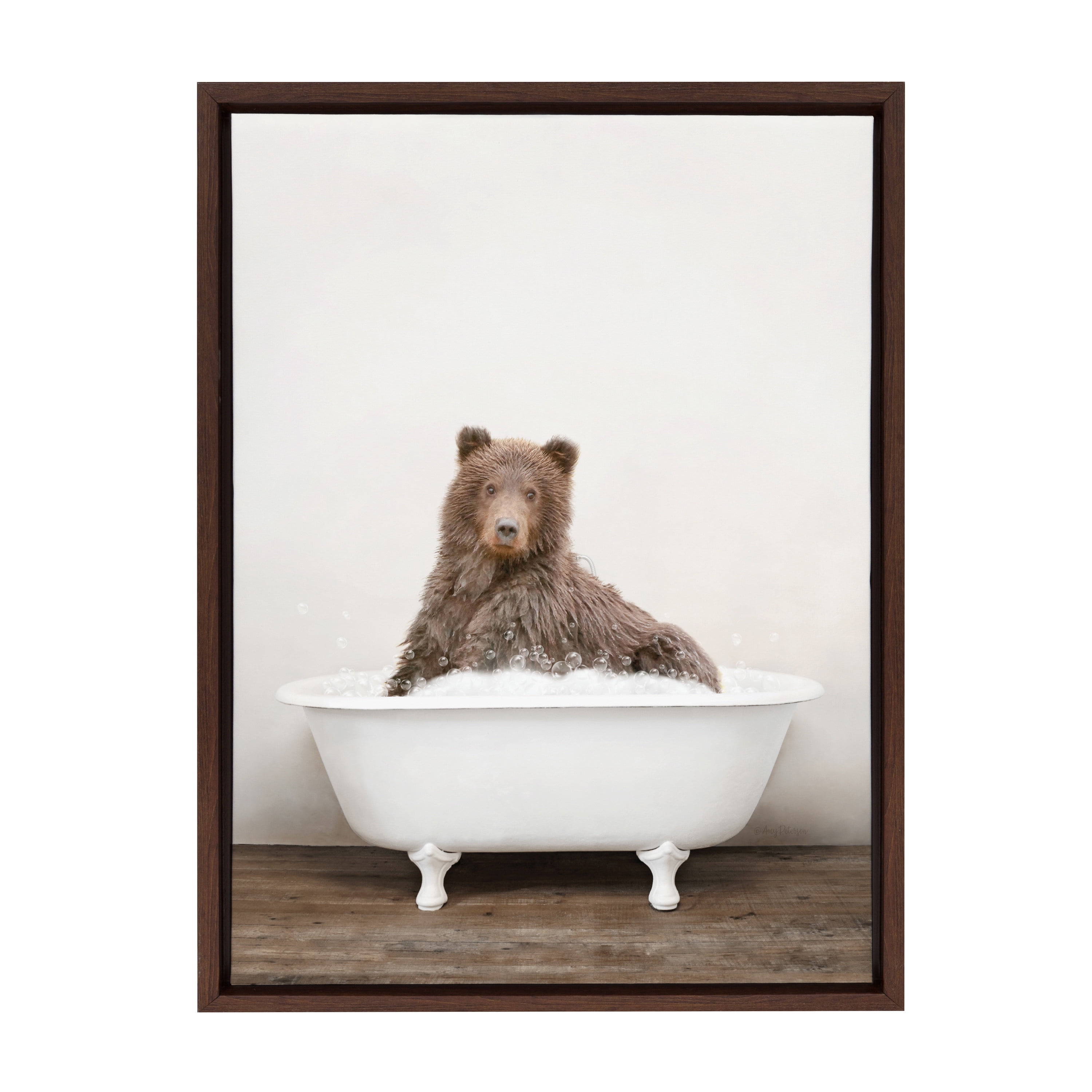 Kate and Laurel Sylvie Bear Rustic Bubble Bath Framed Canvas Wall Art by Amy Peterson Art Studio, 18x24 Brown, Modern Fun Decorative Bathtub Wall Art for Home Décor