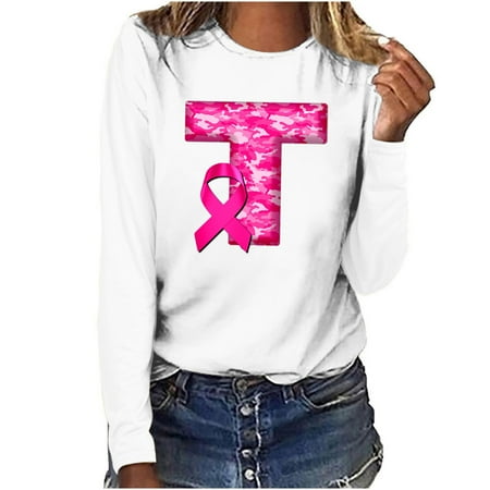 BELLZELY Breast Cancer Awareness Clearance Women s Printed Casual Loose Round Neck Long Sleeve Tops Blouse
