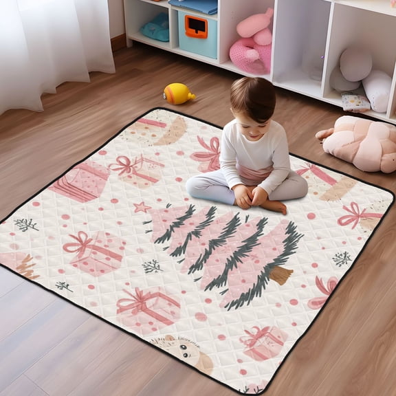 WOBOGO Pink Christmas Tree Gift Boxes Pattern Baby Playmats Extra Large Waterproof Rollable Activity Pads for Toddlers 50×50inch