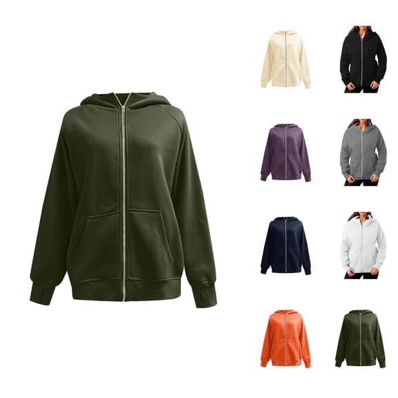 Basic Hoodie Jacket for Women Fall Winter Long Sleeve Plain Zip Up Hooded Sweatshirt with Pockets Coat Outerwear