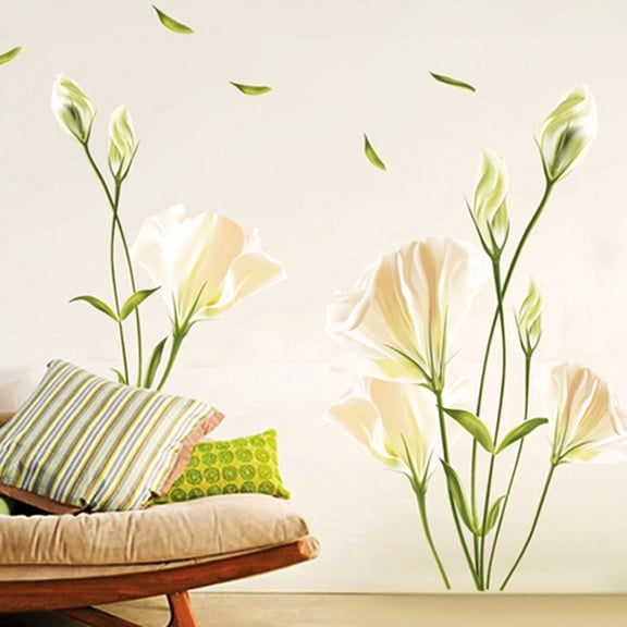 White Lily Butterfly Flower Wall Stickers Wall Decal for Living Room TV Background Wall Art Decors Window Thanksgiving Christmas