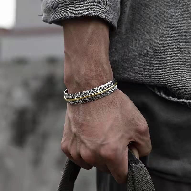 Leander S999 Antique Silver Plated Wide Feather Cuff Bracelet For Men Women Adjustable Retro Twisted Feathers Bracelets Gift Jewelry