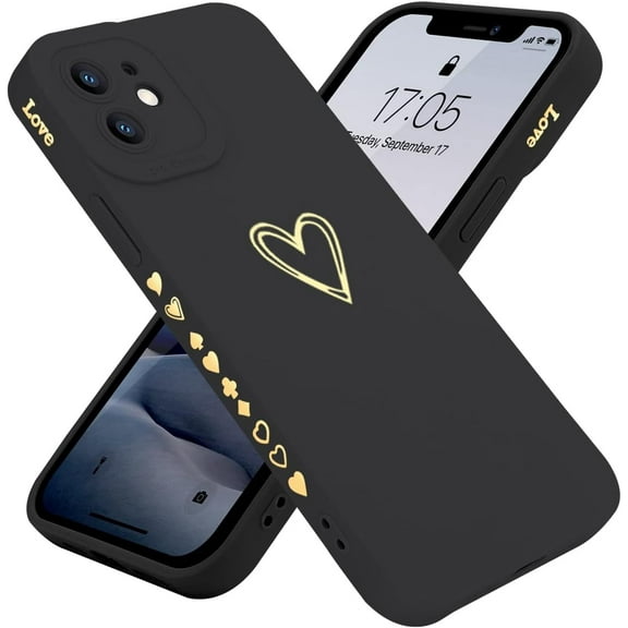 Compatible with iPhone 12 Case 6.1 inch for Women Girls, Cute Luxury Love Heart [Soft Anti-Scratch Full Camera Lens Protection] Silicone Girly Shockproof Phone Case for iPhone 12-Black