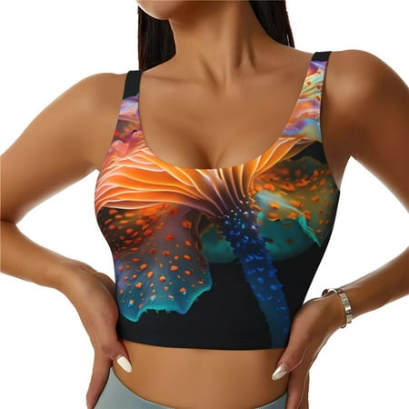 Qokaie Bioluminescent Underwater Flower Pattern Womens Scoop Neck Sports Bra Breathable Workout Vest Padded U Back Medium Impact Fitness Gym Yoga Bra Workout Crop Top-Small