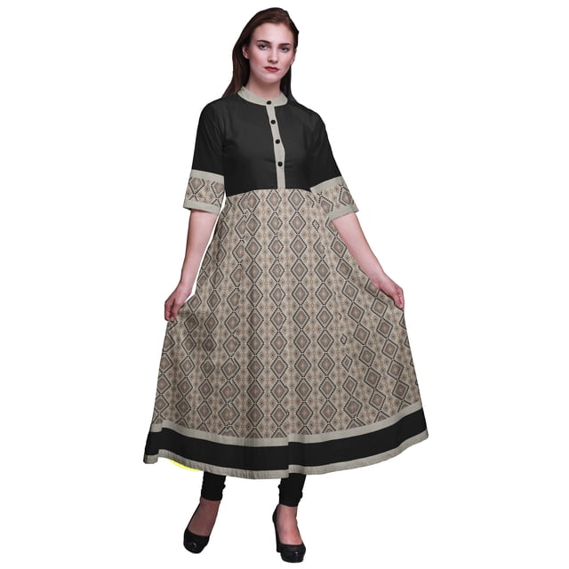 Bimba Grey Diamond & Triangle Geometric Long A Line Anarkali Dress For Women Classic Printed Indian Kurtis Tunic-Medium