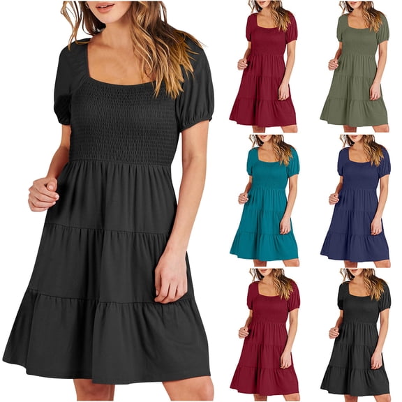 Ahuyic Womens Casual Dress,Womens Plus Size Dress,Womens Summer Mini Dresses Round Neck Casual Smocked Puff Sleeve Cute Short Dress With Pockets,Black,XXL