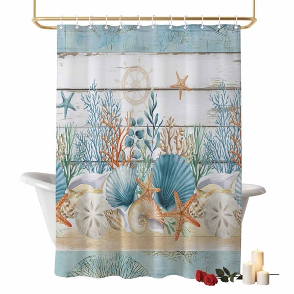 Blue Vintage Coastal Shower Curtains for Bathroom, Summer Nautical Coral Starfish Shell Washable Fabric Shower Curtain with Hooks Waterproof Bathroom Decor Sets, 36 x 72 Inches