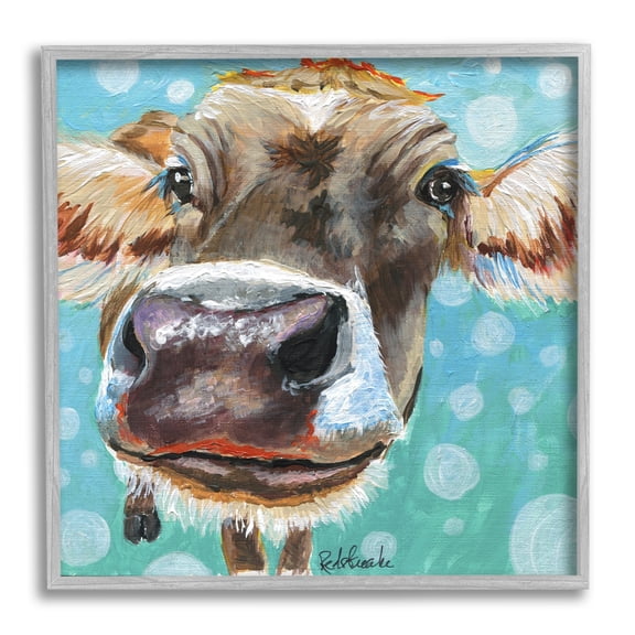 Stupell Industries Bold Cow Cattle Portrait Blue Bubbles Pattern Painting Gray Framed Art Print Wall Art, Design by Jennifer Redstreake