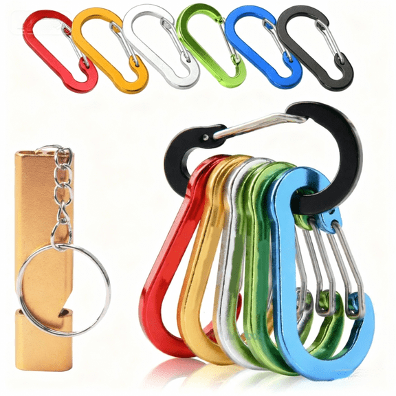 Aluminum Carabiner Clips - 13/Pcs Set  D-Ring Keychain Hooks with Survival Whist, forCamping, Hiking, Key Organization & Outdoor Gear