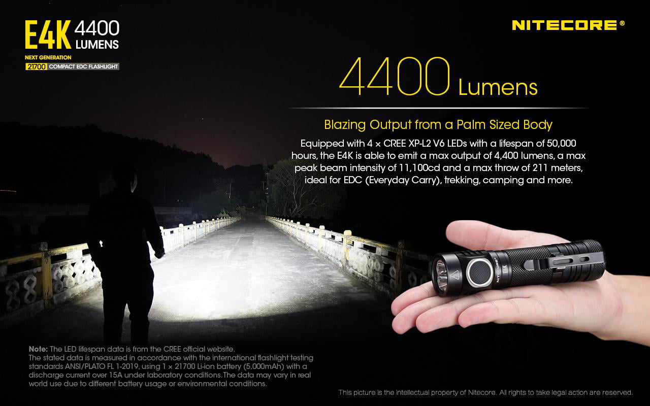 Combo 4400 Lumens w/Tiki Mini Keychai NITECORE E4K Next generation Flashlight 