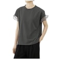 thumbnail image 1 of Timegard T-Shirts pour Femmes Manches Courtes Dentelle Col Rond Hauts Décontractés Couleur Unie Haut Basique, 1 of 5