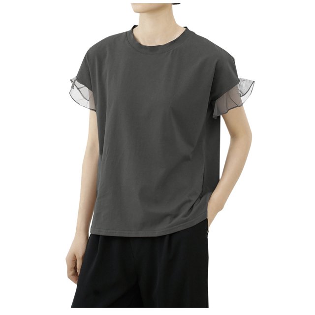 Timegard T-Shirts pour Femmes Manches Courtes Dentelle Col Rond Hauts Décontractés Couleur Unie Haut Basique