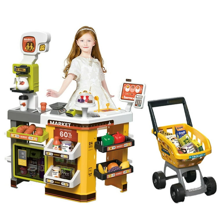 Supermarket Play Set Plastic Toy w/ Shopping Cart Coffee Shop 65