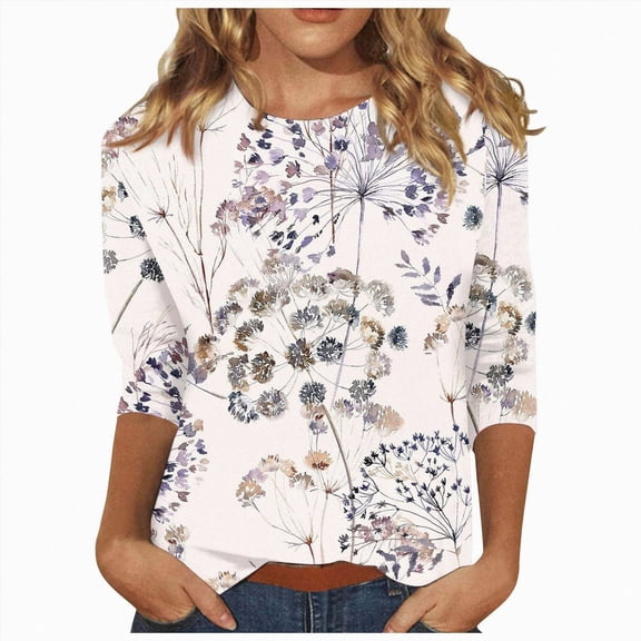 Paguaki Womens Floral Print 3/4 Sleeve Tunic Top Crewneck Blouse Soft Breathable Lightweight Casual Everyday T Shirts