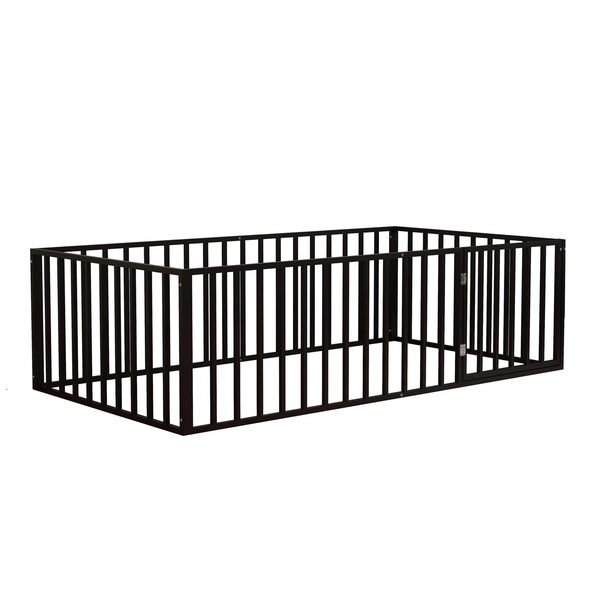 Leumius Twin Size Montessori Floor Bed with Fence & Door, Heavy-Duty Metal Frame with Low-Profile Guardrails, Safe Play-Sleep Zone Black