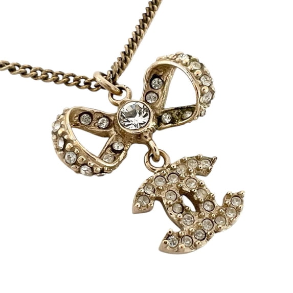 Pre-Owned CHANEL Chanel Ribbon Motif Coco Mark Necklace Crystal Plated Gold Women's