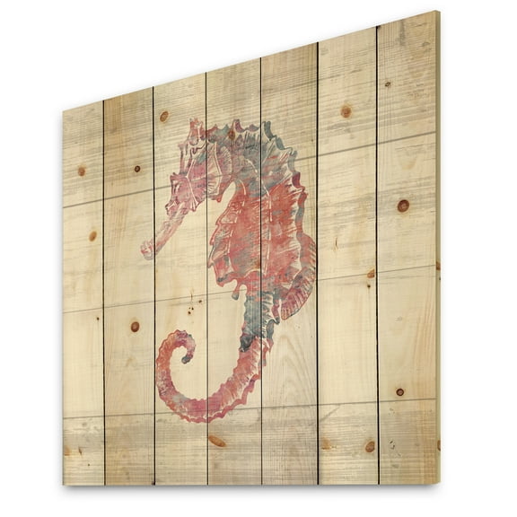 Designart 'Pink seahorses Ocean Life' Nautical & Coastal Print on Natural Pine Wood