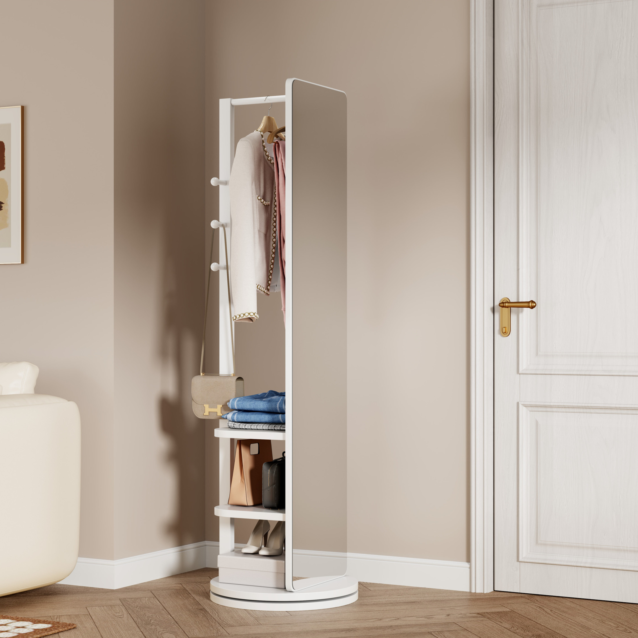 Noble House Gunther 360° Rotating Full-Length Mirror Coat Rack, Solid Rubberwood, for Small Space, Large, White