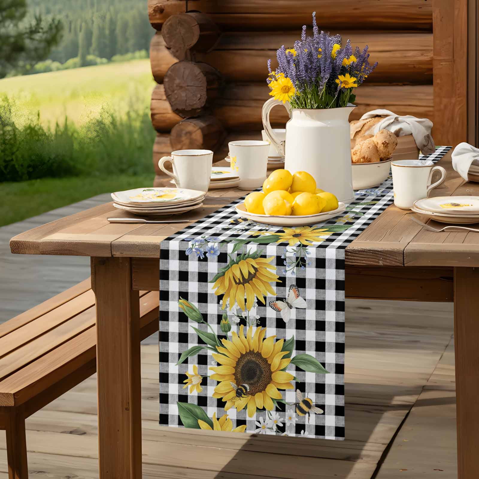 Yellow Sunflower Green Leaf Black Buffalo Plaid Table Runner 90 Inches Long, Farm Watercolor Plant Table Runners Tabletop Scarf Kitchen Dining Tables Decoration for Home Party Indoor Outdoor