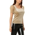thumbnail image 4 of INSPIRE CHIC Women's  Square Neck Glitter Star Pattern Short Sleeve Velvet Top XL Beige, 4 of 6