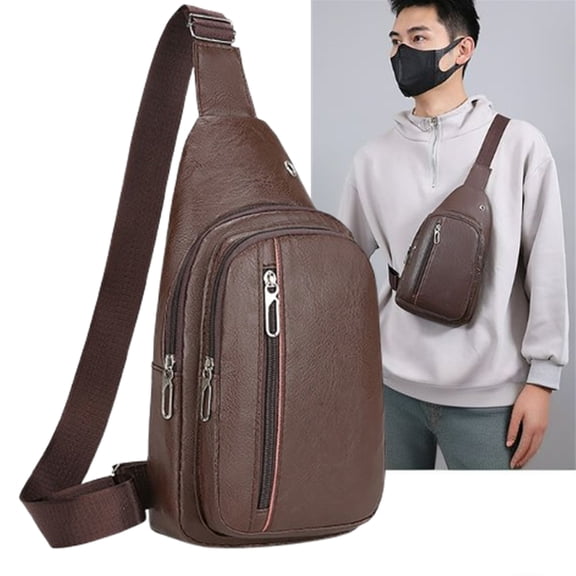 Djiypn Crossbody Sling Bag Men Women, Small PU Leather Casual Shoulder Backpack, Chest Daypack Satchel for Outdoor Hiking Travel, Coffee