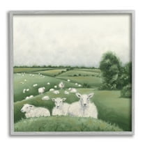 Stupell Industries Flock Of Sheep in Green Rolling Hills Illustration Animals & Insects Painting Gray Framed Art Print Wall Art, 12 x 12
