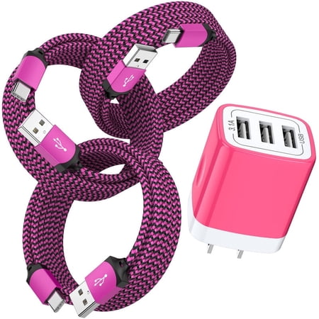 3.1A 3-Port USB C Charger Block Fast Wall Charger with 3Pcs 6FT Braided Cable, Power Adapter Compatible with iPhone 17/16/15 Pro Max iPad Pro Galaxy S26 Android, Pink
