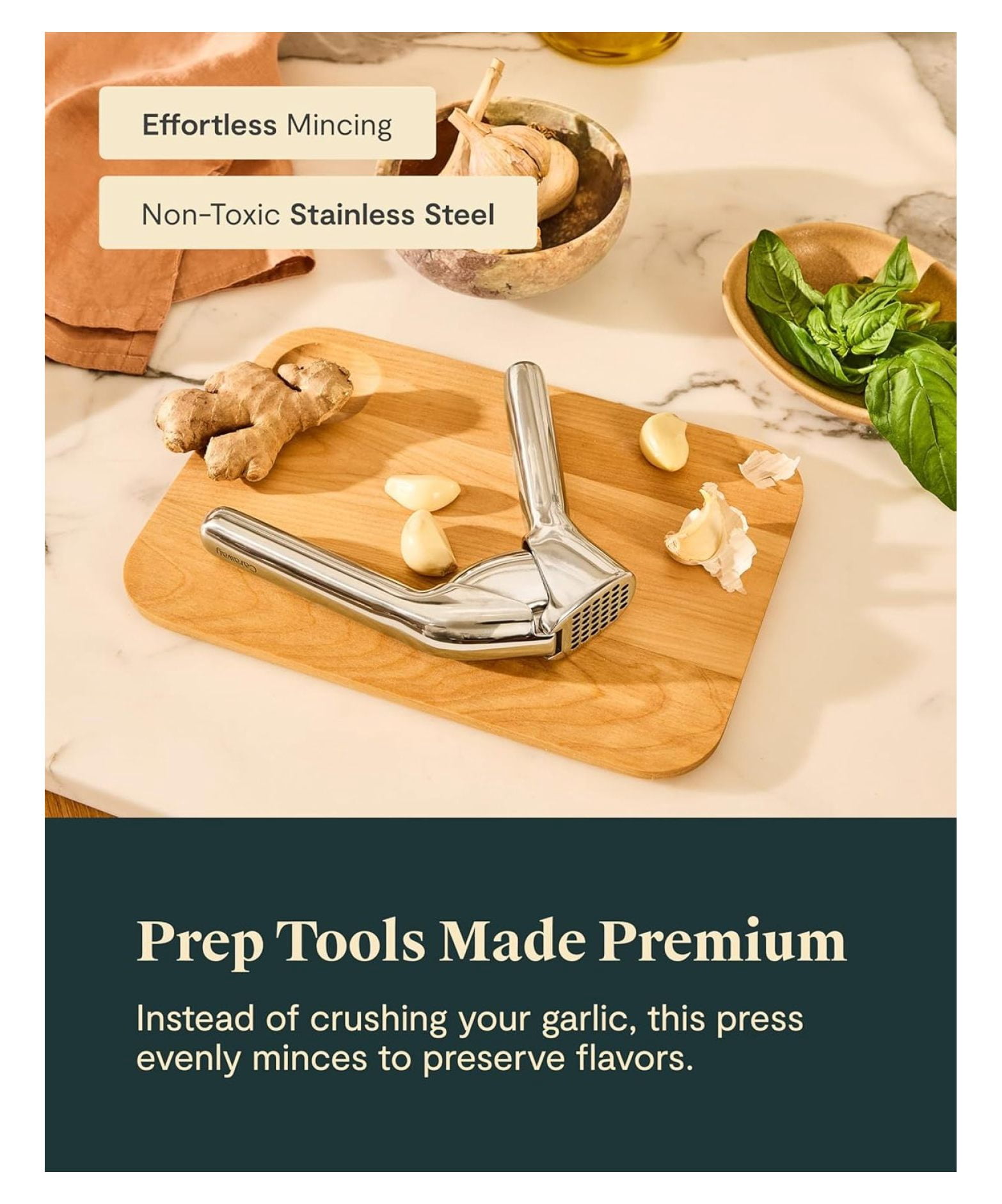 Garlic Press - Non Toxic Stainless Steel - Kitchen Tool - Ergonomic Handle - Effortlessly Mince Whole Garlic - Easy Clean