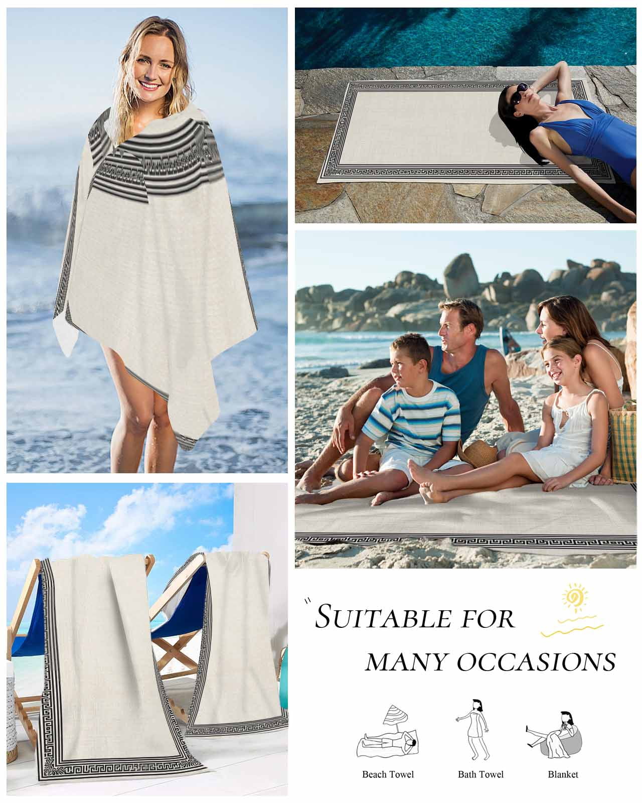 Black Cream Greek Key Beach Towels Oversized Super Absorbent, Geometric Greece Ancient Rustic Lightweight Bath Towel Quick Dry Sets For Bathroom/Pool/Rv Camping/Beach Play/Gym Room/Picnic 30"x60"
