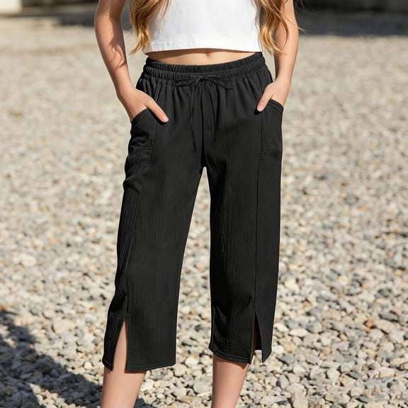Girls Casual Solid Color Elastic Waist Capri Pants for Everyday Comfort with Pockets for Play, 14-15 Years, Black