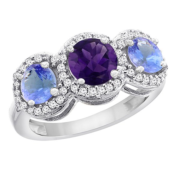 14K White Gold Natural Amethyst & Tanzanite Sides Round 3-stone Ring Diamond Accents, size 7