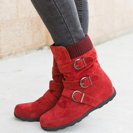 

Floleo Clearance Women Suede Round Toe Zipper Flat Pure Color Buckle Strap Keep Warm Snow Boots