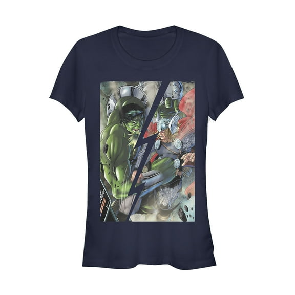 Junior's Marvel Hulk Battles Thor  Graphic Tee Navy Blue Small