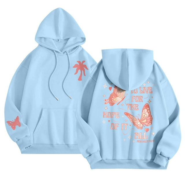 Pink Graphic Hoodie for Women 2024 Cute Preppy Sweatshirt Long Sleeve Drawstring Pullover Tops with Pockets