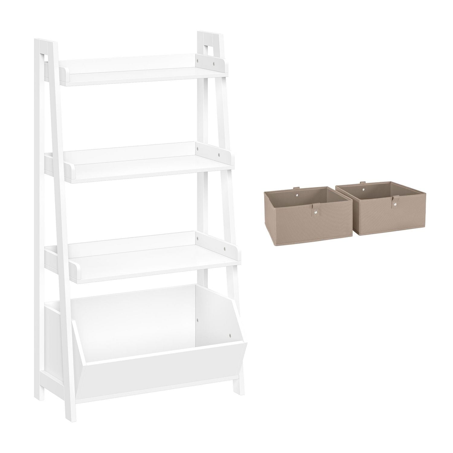 Kids 4-Tier 24in Ladder Shelf with Toy Organizer and 2pc Taupe Bins