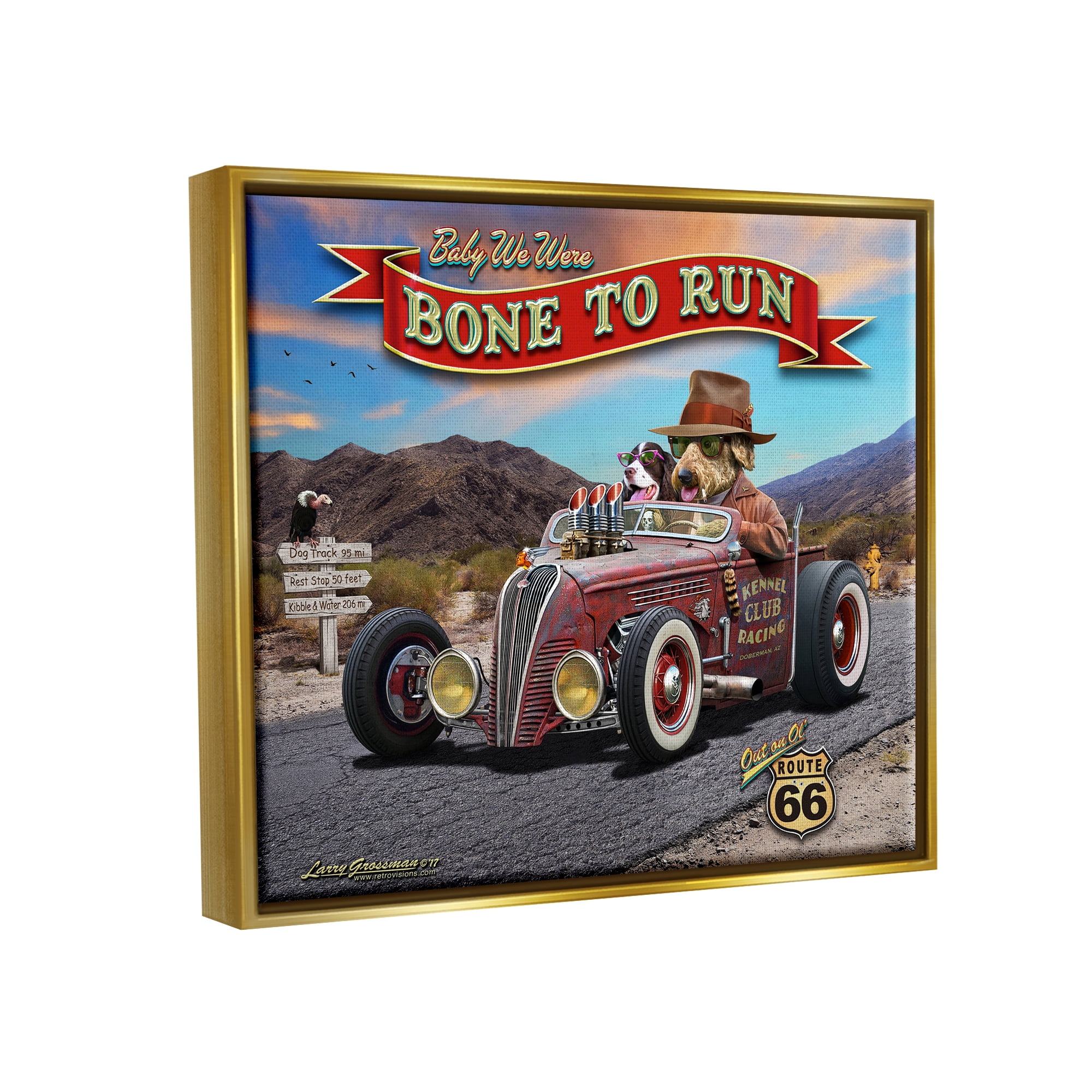 Stupell Industries Bone to Run Dogs Transportation Painting Gold Floater Framed Canvas Art Print Wall Art, 31 x 25