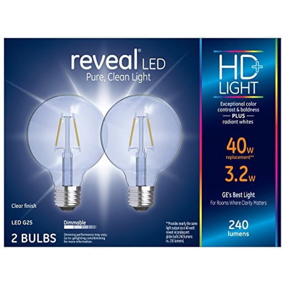 GE Reveal LED HD Light Bulb, 3.2 Watt (40 Watt Equivalent) Globe Light Bulb, Clear Finish, Medium Base, Dimmable (2 Pack)