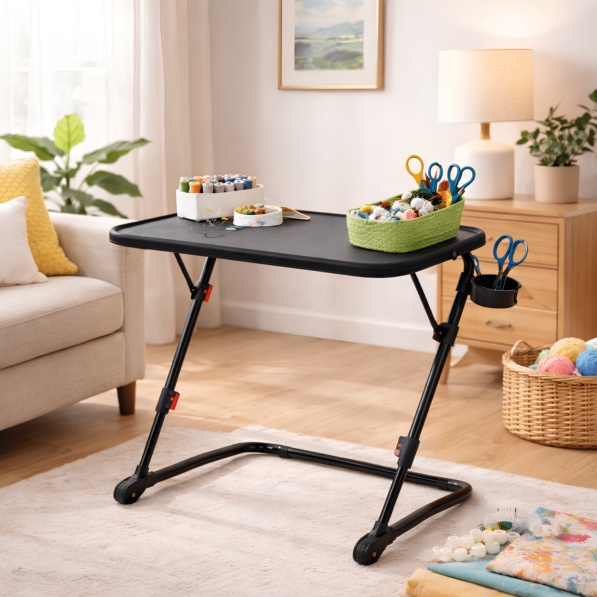 FurnitureR Z-Shaped Sewing Craft Table - Adjustable Height & Tilt, Side Table with Metal Frame Working Desk for Sewing, Knitting, Indoor and Outdoor Activities