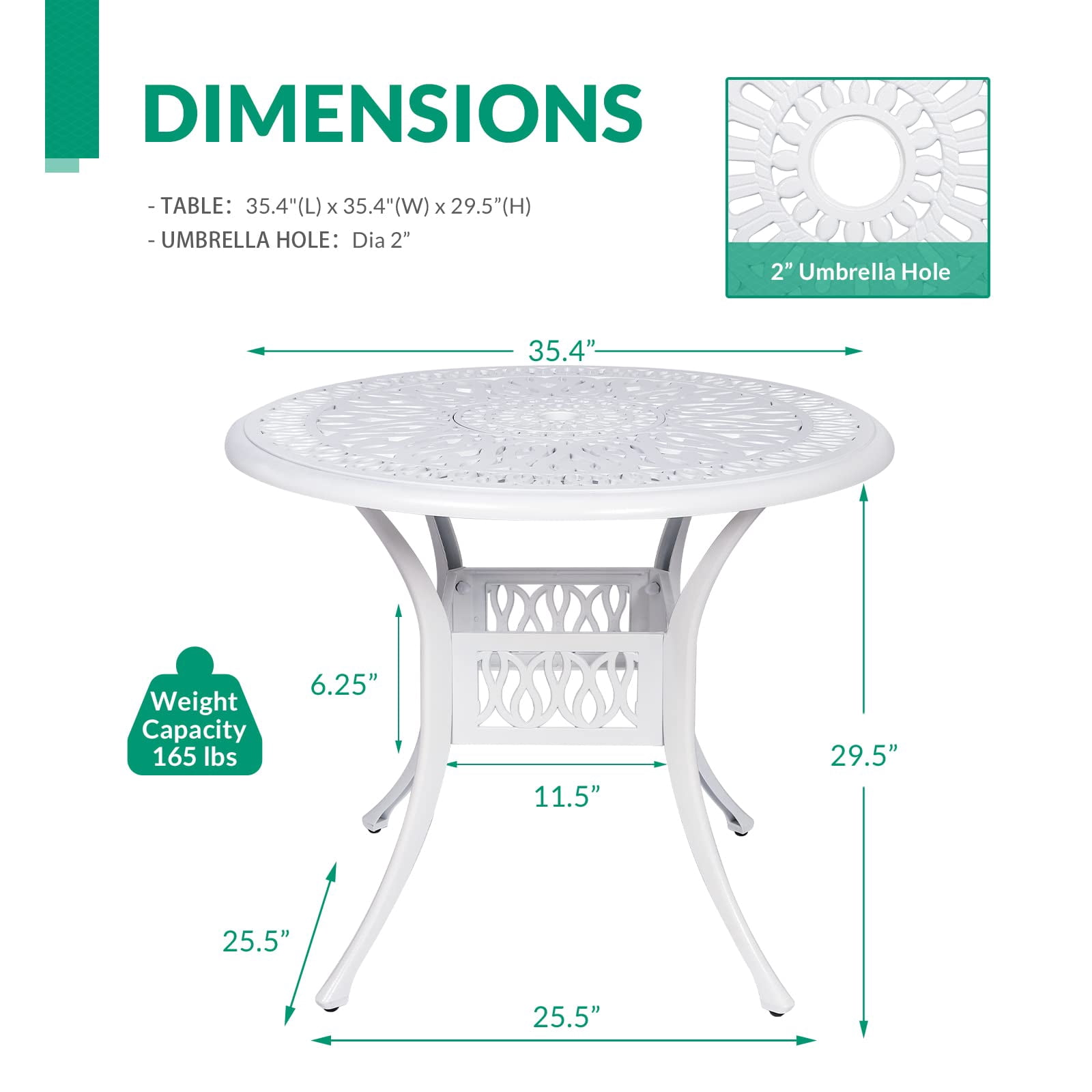 VIVIJASON 35.2" Outdoor Patio Dining Round Table White Cast Aluminum Rustic Large Patio Table with Umbrella Hole