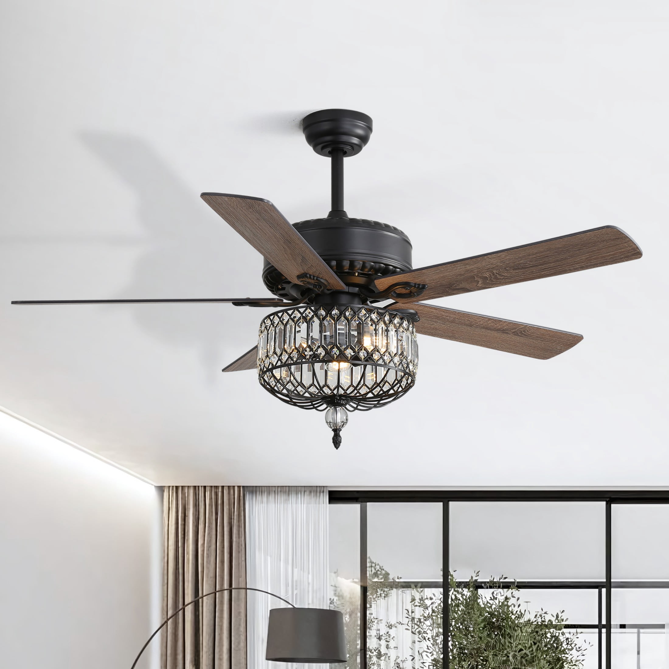 Sofucor 52-Light Chandelier Crystal Fan Light Indoor Ceiling Fan with Silent Reversible Motor