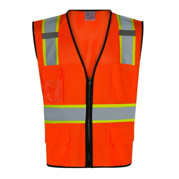 Everyday ANSI Class 2 with Contrast and Black Trim with 6 Pockets Zipper Vest (ORANGE)