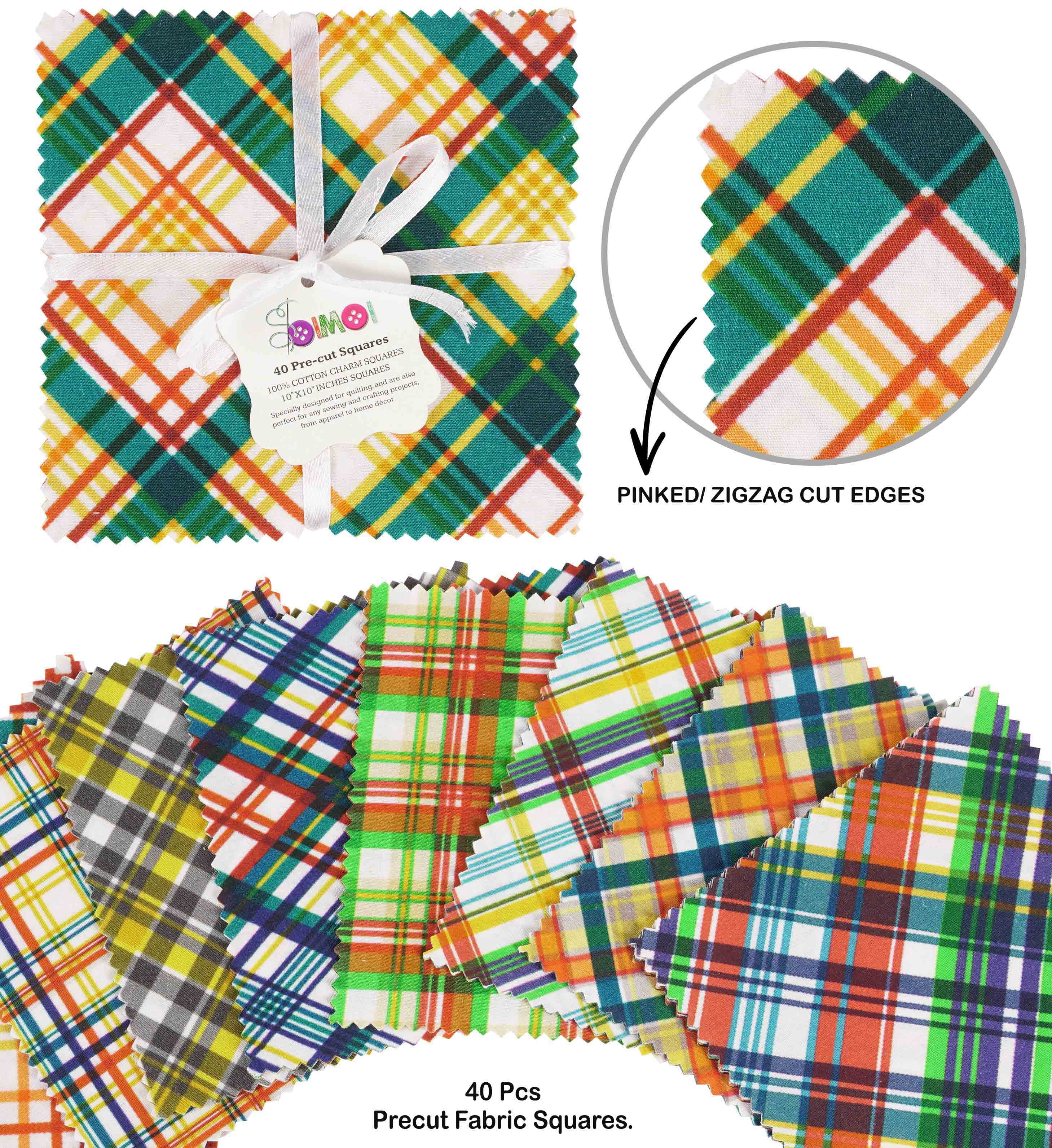 Soimoi Precut 10-inch Check Prints Cotton Fabric Bundle Quilting Squares Charm Pack DIY Patchwork Sewing Craft- Multicolor