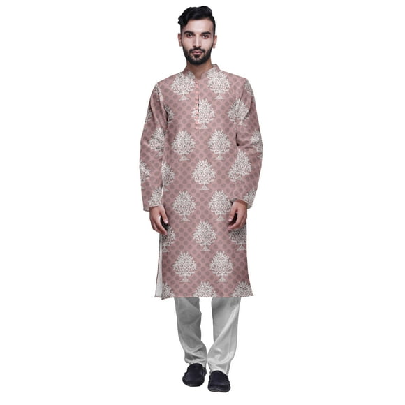 Atasi Mens Imprimé Modal Satin Indien Longue Kurta avec Ensemble Pyjama Churidar Blanc