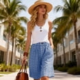 thumbnail image 3 of yillto Women Plaid Long Shorts Wide Leg Baggy 5 Inch Knee Length Elastic Waist Shorts with Pockets, 3 of 7
