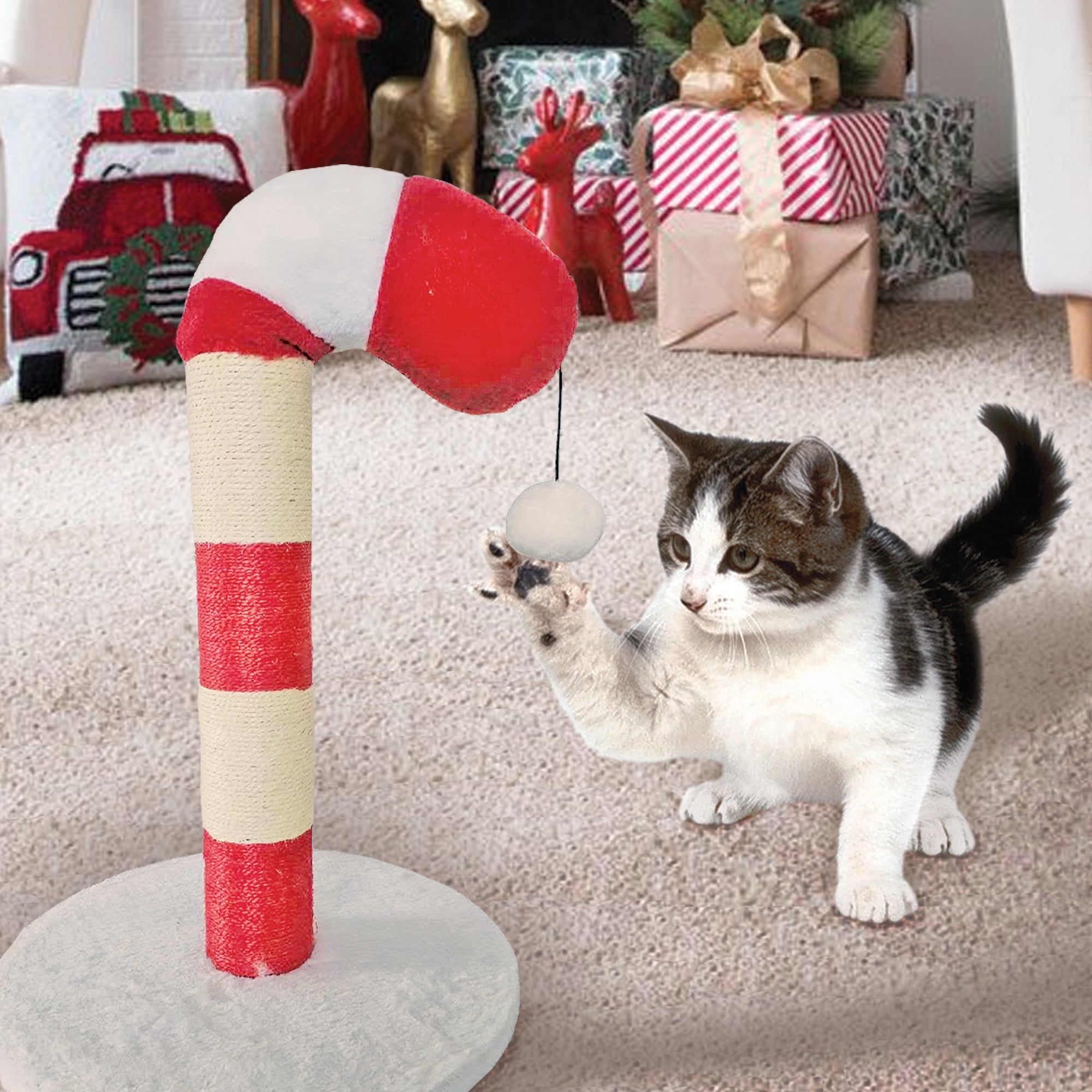 Candy Cane Holiday 20in Cat Scratching Post with Sisal and Plush Cover