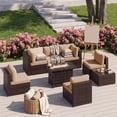 thumbnail image 3 of LazySunsets 8 Pieces Patio Conversation Set, Rattan Wicker Outdoor Sectionals with Fire Pit Table, Beige/Brown, 3 of 9