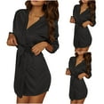 thumbnail image 2 of 3PC Women Lightweight Bathrobes V Neck Comfy Solid Color Loungewear Long Sleeve Housecoat Short Nightwear Style B-7 New Black One Size, 2 of 7